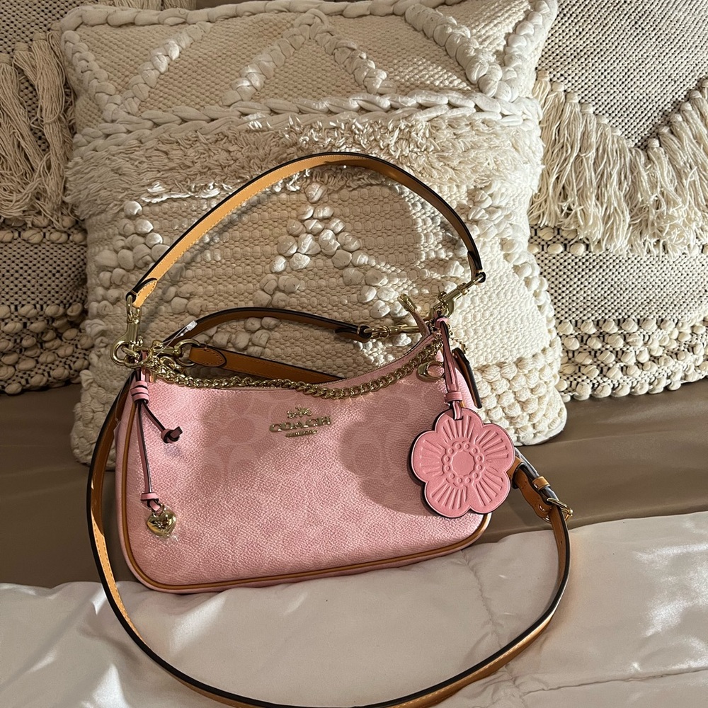 Coach Powder Pink Teri Signature Small Shoulder Bag with Floral Charm